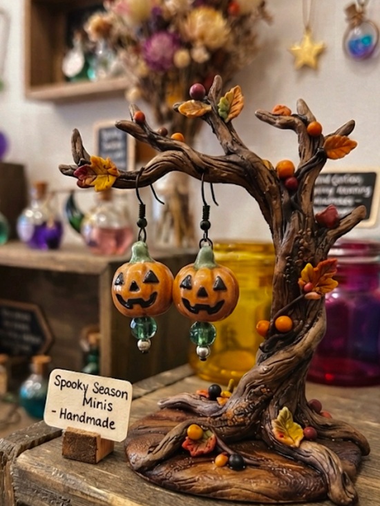 Artisan Other - Handmade Orange Pumpkin Jack-o'-Lantern Earrings by Moon Bazaar